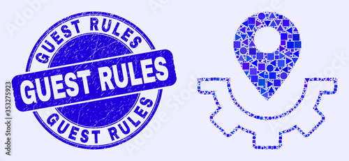 Geometric service map marker mosaic icon and Guest Rules seal. Blue vector round textured seal stamp with Guest Rules title. Abstract mosaic of service map marker made of sphere, tringle,