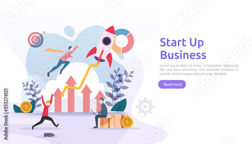 start up service or new product idea launch concept. project business with rocket tiny people character. template for web landing page, banner, presentation, social, print media. Vector illustration