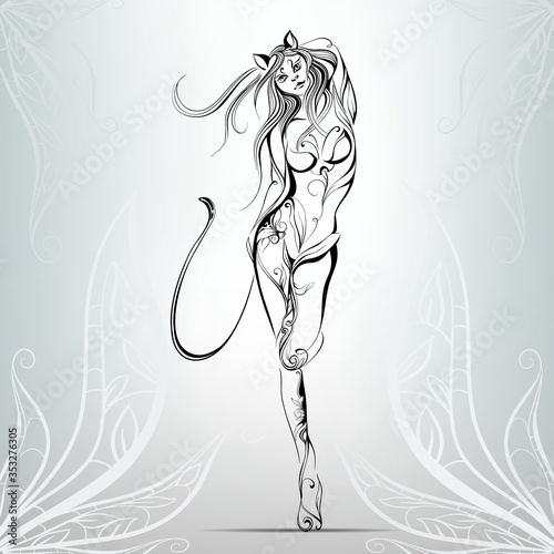 Silhouette of the girl of a cat. Vector illustration