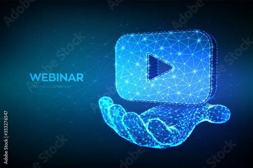 Webinar. Abstract Low Polygonal webinar or video icon in hand. Internet conference. Web based seminar. Distance Learning. E-learning Training business technology symbol. Vector illustration.