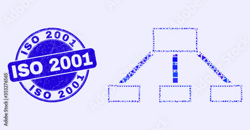 Geometric hierarchy links mosaic pictogram and ISO 2001 seal. Blue vector rounded textured seal stamp with ISO 2001 title. Abstract mosaic of hierarchy links combined of spheric, triangles,