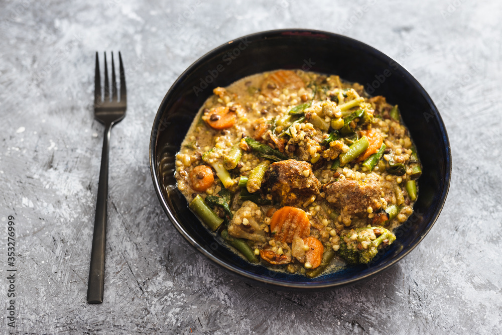 plant-based food, vegan buckwheat stew with carrots green beans and falafels plant-based food, vegan buckwheat stew with carrots green beans and falafels