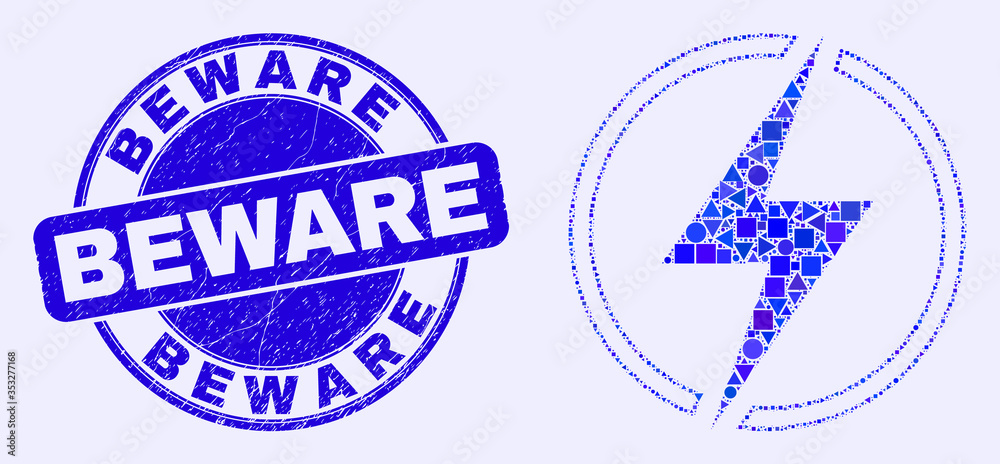 Geometric electricity mosaic pictogram and Beware stamp. Blue vector round grunge stamp with Beware phrase. Abstract mosaic of electricity done of spheric, tringle, square geometric elements. Geometric electricity mosaic pictogram and Beware stamp. Blue vector round grunge stamp with Beware phrase. Abstract mosaic of electricity done of spheric, tringle, square geometric elements.