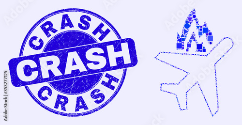 Geometric airplane crash mosaic icon and Crash seal stamp. Blue vector round distress stamp with Crash text. Abstract composition of airplane crash constructed of round, tringle,