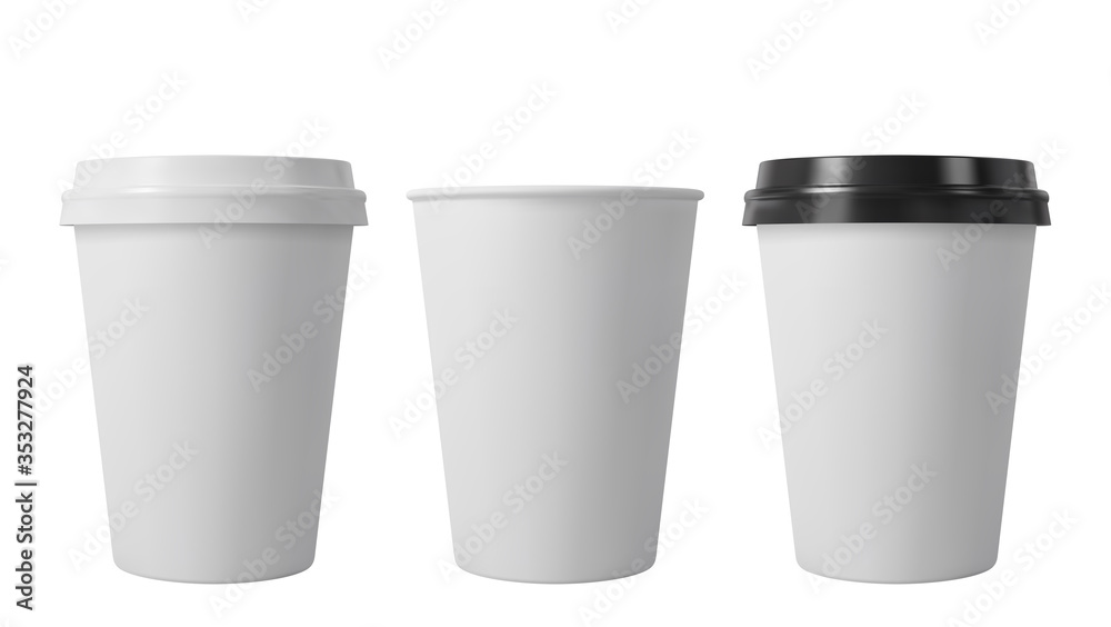 Paper coffee cups with black and white lids. Open and closed middle paper cup. Realistic vector mockup. Paper coffee cups with black and white lids. Open and closed middle paper cup. Realistic vector mockup.