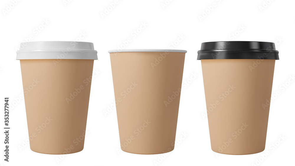 Brown paper coffee cups with black and white lids. Open and closed middle paper cup. Realistic vector mockup. Brown paper coffee cups with black and white lids. Open and closed middle paper cup. Realistic vector mockup.