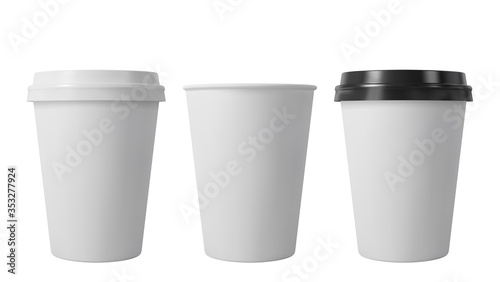 Paper coffee cups with black and white lids. Open and closed middle paper cup. Realistic vector mockup.