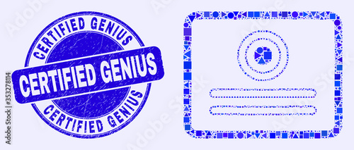 Geometric certificate mosaic icon and Certified Genius seal. Blue vector round distress seal with Certified Genius text. Abstract mosaic of certificate done of round, triangles,