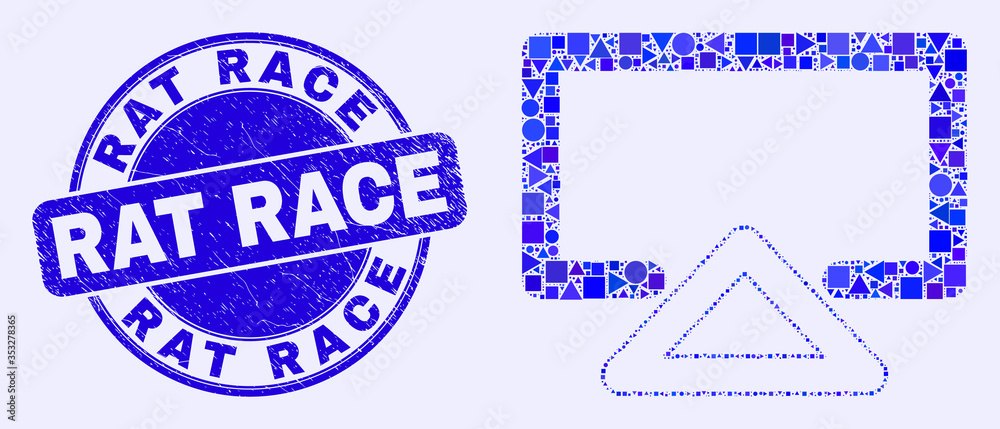 Geometric display mosaic pictogram and Rat Race seal. Blue vector round grunge seal with Rat Race text. Abstract mosaic of display organized of sphere, triangles, square geometric spots.