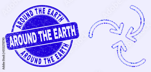 Geometric swirl arrows mosaic icon and Around the Earth seal. Blue vector round scratched seal with Around the Earth phrase. Abstract concept of swirl arrows created of round, triangles,
