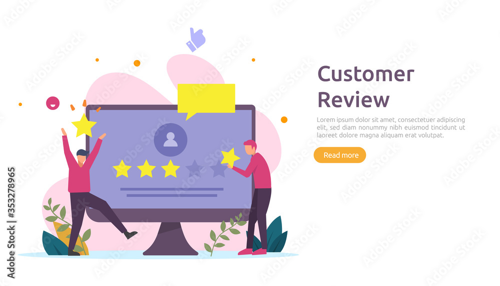 Costumer review rating concept. people character giving feedback evaluation. satisfaction level and critic support with smartphone for web landing page, social, poster, ad, promotion or print media