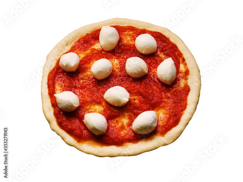 Pizza isolated on white background. Pizza margherita with mozzarella cheese is ready for baking. Cooking process step by step. Top view.