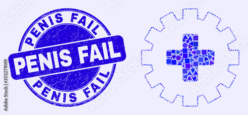 Geometric plus gear mosaic pictogram and Penis Fail stamp. Blue vector round distress stamp with Penis Fail text. Abstract mosaic of plus gear composed of round, tringle, square geometric elements.