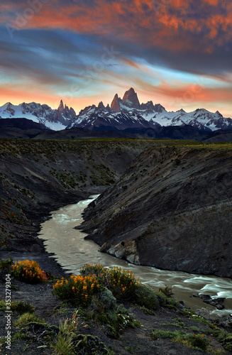 Fitz Roy and Torre mountains during sunrise.