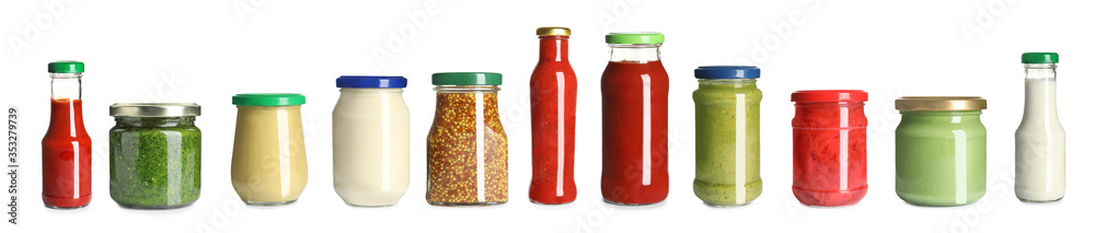 Set with delicious sauces in glassware on white background. Banner design Set with delicious sauces in glassware on white background. Banner design