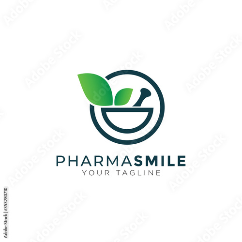 pharma smile logo, creative mortar, pestle and leaves vector