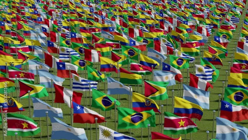 View from above on the  South America countries flags waving in the wind on green grass. 3d rendering animation.