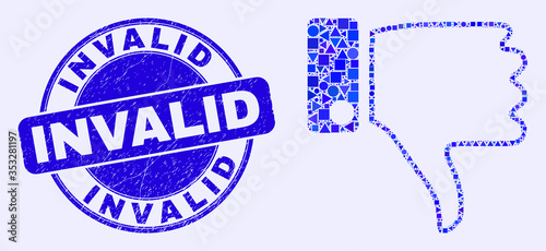 Geometric thumb down mosaic icon and Invalid seal stamp. Blue vector round grunge seal stamp with Invalid caption. Abstract mosaic of thumb down done of round, triangles, square geometric items.