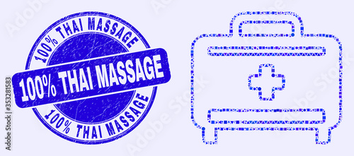 Geometric medical baggage mosaic pictogram and 100% Thai Massage seal stamp. Blue vector round textured seal stamp with 100% Thai Massage message.