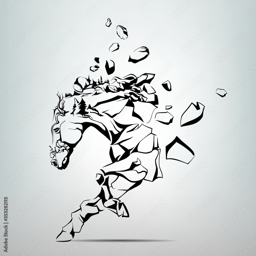 Silhouette of a running mustang from rocks. Vector illustration