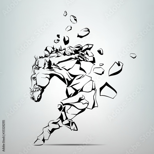 Silhouette of a running mustang from rocks. Vector illustration