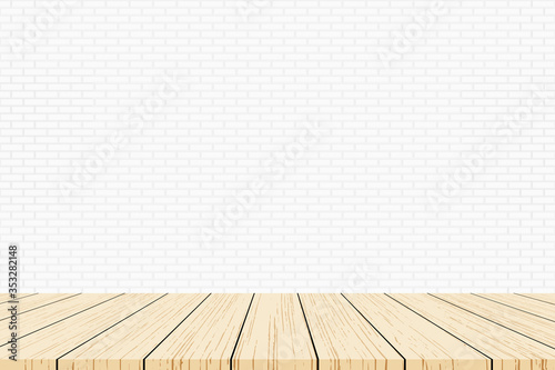 Empty wood table top on white brick wall background, Template mock up for display of product. Vector illustration eps 10.