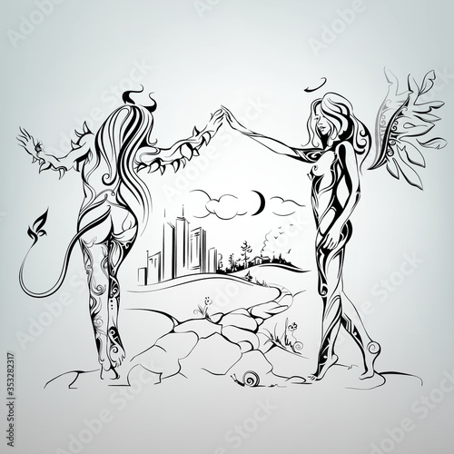 Dance of an angel and demon. Vector illustration
