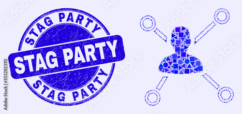 Geometric person links mosaic icon and Stag Party seal stamp. Blue vector round distress seal stamp with Stag Party title. Abstract composition of person links constructed of round, triangles,