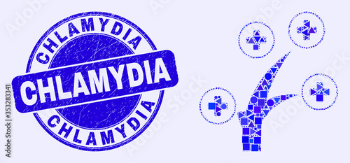 Geometric medical tree mosaic icon and Chlamydia stamp. Blue vector round grunge stamp with Chlamydia message. Abstract mosaic of medical tree done of round, tringle, square geometric elements.