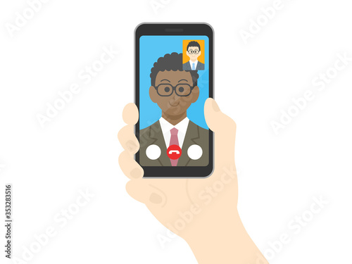 テレビ電話をする黒人ビジネスマンのイラスト