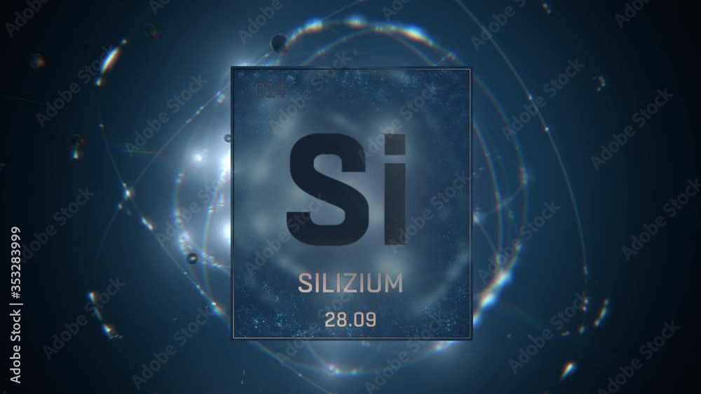 Silicon as Element 14 of the Periodic Table. Seamlessly looping 3D animation on blue illuminated atom design background orbiting electrons name, atomic weight element number in German language Silicon as Element 14 of the Periodic Table. Seamlessly looping 3D animation on blue illuminated atom design background orbiting electrons name, atomic weight element number in German language