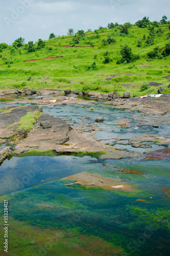 Colorful Algae in half dry river © jayant khedekar
