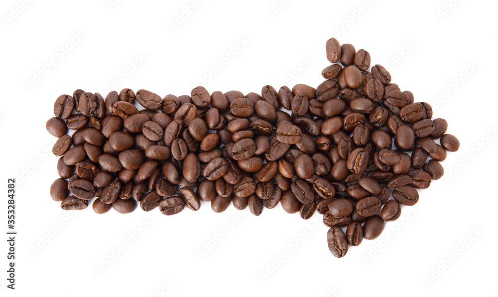 Roasted coffee beans in the shape of arrow studio shot isolated on white background, Healthy products by organic natural ingredients concept Roasted coffee beans in the shape of arrow studio shot isolated on white background, Healthy products by organic natural ingredients concept