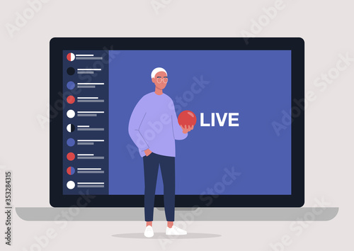 Live streaming event, young male character holding a red sphere and performing in front of the laptop camera, remote activities