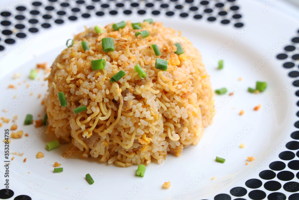 Close up Chinese Sausage Fried Rice Served on a large plate Put on the white table Ready to eat Close up Chinese Sausage Fried Rice Served on a large plate Put on the white table Ready to eat