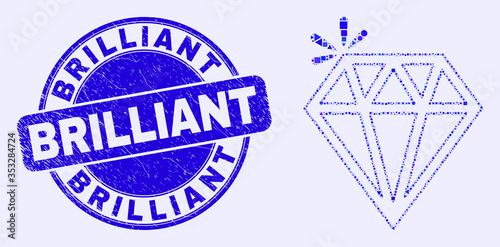 Geometric spark brilliant mosaic icon and Brilliant seal stamp. Blue vector round grunge seal with Brilliant caption. Abstract composition of spark brilliant constructed of round, tringle,