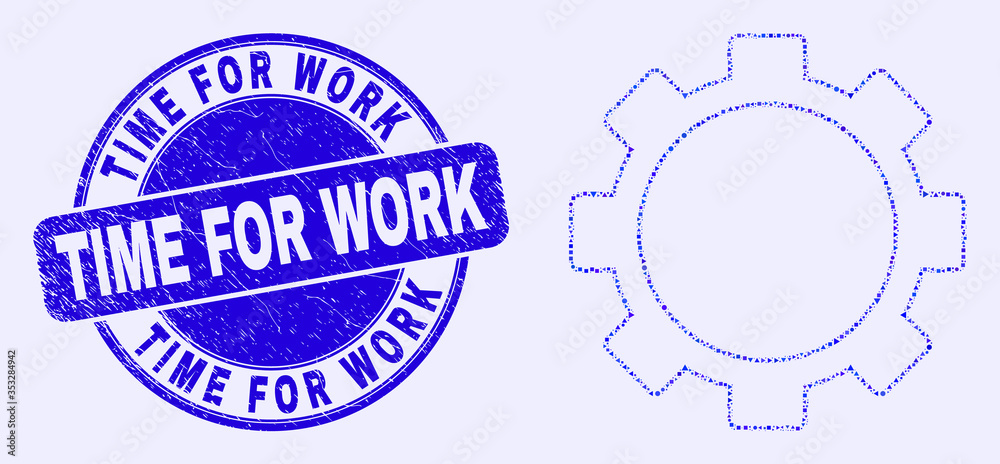 Geometric setup tools mosaic icon and Time for Work seal stamp. Blue vector round distress seal with Time for Work title. Abstract concept of setup tools made of round, tringle,