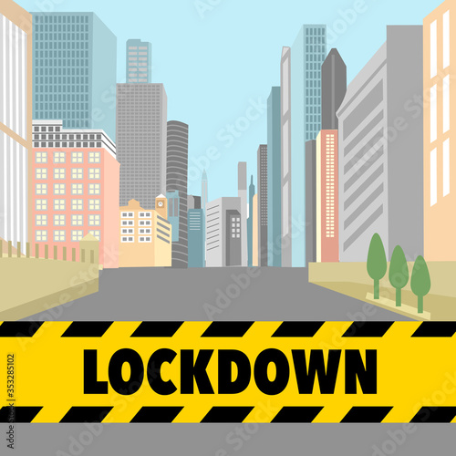 Lockdown the city to prevent spreading of Covid-19 coronavirus disease pandemic outbreak. Curfew for people in the city. Stay at home campaign. Design for web, banner, poster.