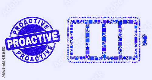 Geometric electric battery mosaic icon and Proactive seal. Blue vector round scratched watermark with Proactive title. Abstract mosaic of electric battery organized of round, triangles,