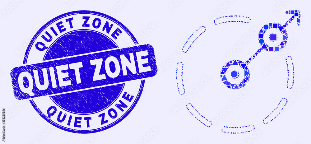 Geometric radial escape border mosaic icon and Quiet Zone seal stamp. Blue vector round scratched stamp with Quiet Zone caption. Abstract mosaic of radial escape border combined of sphere, triangles,