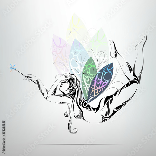Sorceress with wings rainbow colors. vector illustration