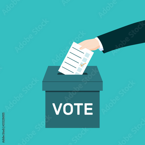 Hand puts the ballot in the ballot box. The concept of voting. Vector illustration..