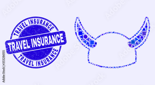 Geometric horned helmet mosaic icon and Travel Insurance seal. Blue vector round distress seal stamp with Travel Insurance title. Abstract composition of horned helmet designed of round, triangles,