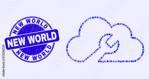 Geometric cloud wrench mosaic icon and New World seal. Blue vector round grunge seal with New World message. Abstract mosaic of cloud wrench made of spheric, tringle, square geometric elements.