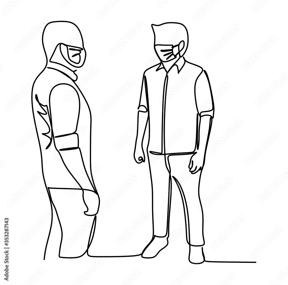 Two men wearing surgical mask while meet each other. Continuous single line vector illustration 