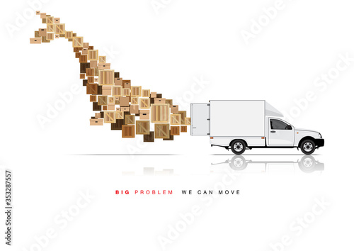 VECTOR EPS10 - white pickup truck open container move boxes, its set in whale shape.
advertising artwork template with simple text "big problem we can move",
design for logistic concept.