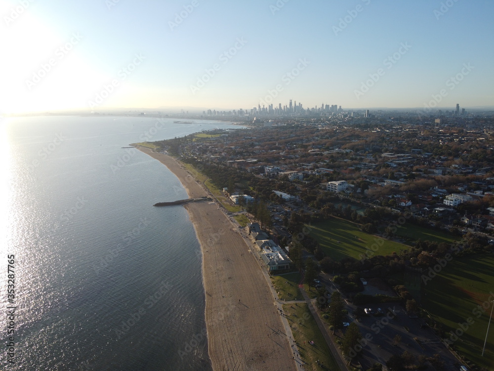 Aerial view of Melbourne over beach 