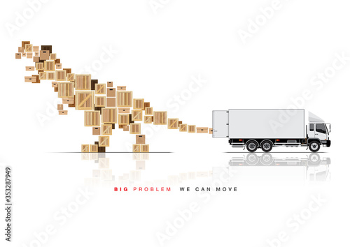 VECTOR EPS10 - white lorry truck open container move boxes, its set in dinosaur shape.
advertising artwork template with simple text "big problem we can move",
design for logistic concept.
