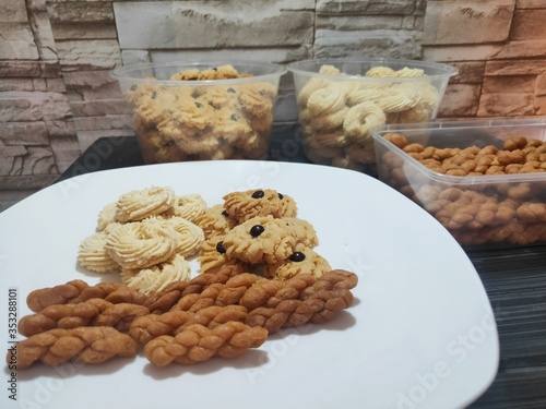 Kue Sagu Keju, Kue Tambang and Kue Semprit Mawar. Cookies for Ramadhan and Idul Fitri, The Great Islamic Day. Selective Focus. photo