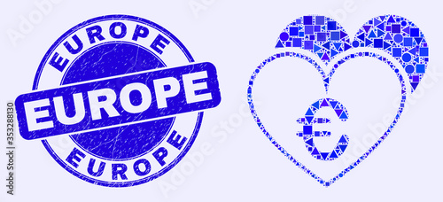 Geometric euro love hearts mosaic icon and Europe seal stamp. Blue vector round distress seal stamp with Europe text. Abstract mosaic of euro love hearts constructed of spheric, triangles,
